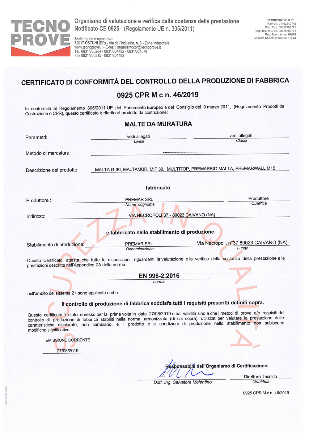 CERTIFICAZIONE MALTE PREMAR
